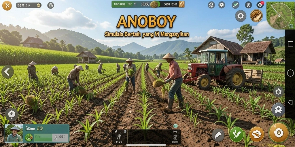 Screenshot utama ANOBOY menunjukkan gameplay yang seru dalam bertani.